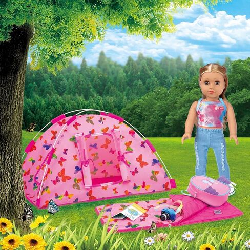 يونيكورن ايليمنت مجموعة خيمة تخييم للدمى من 7 قطع لملحقات دمية الفتيات مقاس 18 انش بما في ذلك ملابس الدمى مقاس 18 انش وخيمة وشنطة نوم وشنطة ظهر وكاميرا والجوال والخريطة in Kuwait