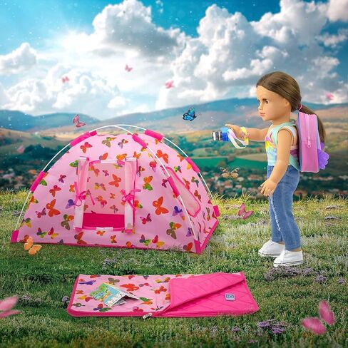 يونيكورن ايليمنت مجموعة خيمة تخييم للدمى من 7 قطع لملحقات دمية الفتيات مقاس 18 انش بما في ذلك ملابس الدمى مقاس 18 انش وخيمة وشنطة نوم وشنطة ظهر وكاميرا والجوال والخريطة in Kuwait