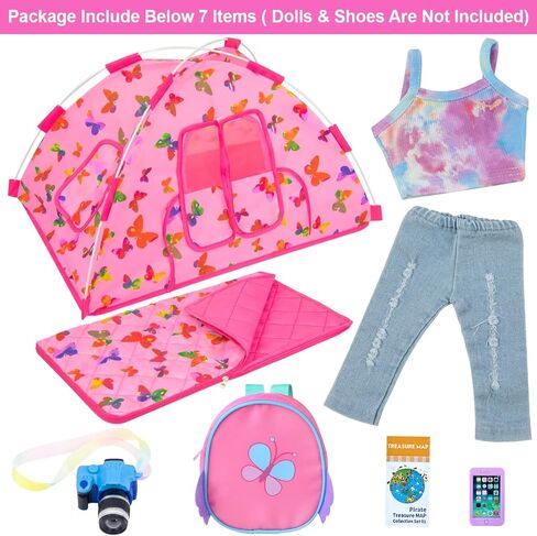 يونيكورن ايليمنت مجموعة خيمة تخييم للدمى من 7 قطع لملحقات دمية الفتيات مقاس 18 انش بما في ذلك ملابس الدمى مقاس 18 انش وخيمة وشنطة نوم وشنطة ظهر وكاميرا والجوال والخريطة in Kuwait