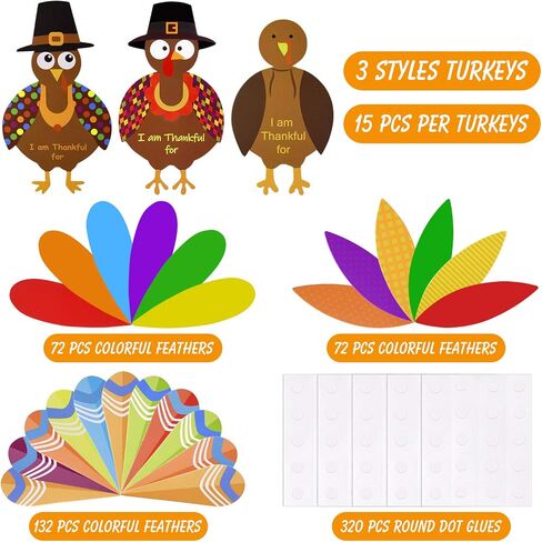 MIAHART 312 Pcs Thanksgiving Turkey Craft Kit DIY Turkey with Colorful Feathers and 320 Pcs Dot Glues Thanksgiving Stickers for Thanksgiving Party School Activities Decoration Supplies in Kuwait