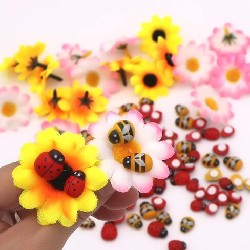 110 قطع من الخشب الخنفساء الراتنج النحل وعباد الشمس الزينة، 3 أحجام ذاتية اللصق صغيرة الخشب النحل الخنفساء ل DIY الحرف الرئيسية الحلي النباتية in Kuwait