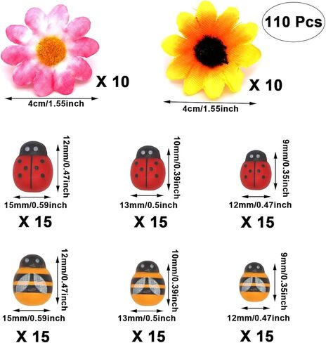 110 قطع من الخشب الخنفساء الراتنج النحل وعباد الشمس الزينة، 3 أحجام ذاتية اللصق صغيرة الخشب النحل الخنفساء ل DIY الحرف الرئيسية الحلي النباتية in Kuwait
