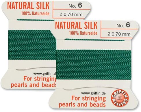 2 Pcs Griffin Natural Silk Beading Cord Thread and Needle Size 6 Green Color in Saudi Arabia