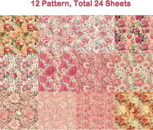 Decorative Paper 24 Sheets Rose Floral Scrapbook Pack, 6-inch Retro Multicolor Flower Butterfly Bird Pattern Journaling Collection Folded Flat for Photo Album Decor, Aesthetic Room, Purple in Kuwait