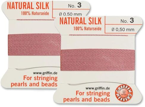 2 Pcs Griffin Natural Silk Beading Cord Thread and Needle Size 3 Dark Pink Color in Saudi Arabia