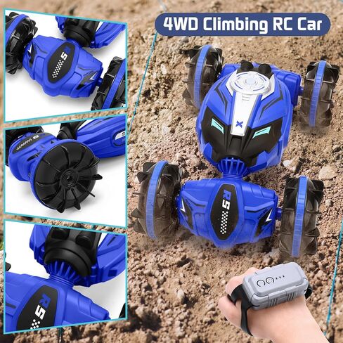 Gesture Sensing RC Stunt Car - Amphibious RC Remote Control Cars with 2 Batteries, 2.4GHz 4WD Watch Controlled RC Car, All Terrain Off Road Twist Cars Vehicle Gift for Kids Boys Girls (Blue) in Kuwait