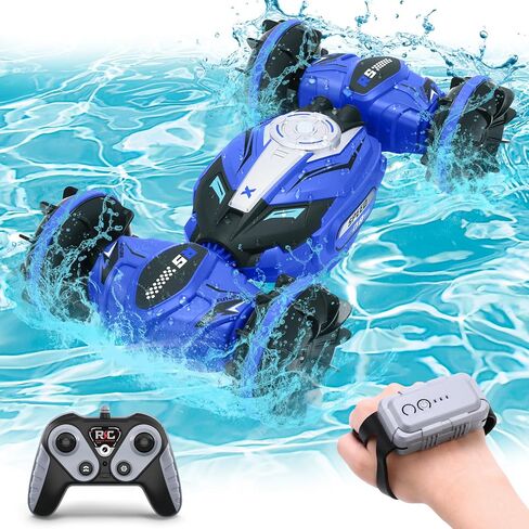 Gesture Sensing RC Stunt Car - Amphibious RC Remote Control Cars with 2 Batteries, 2.4GHz 4WD Watch Controlled RC Car, All Terrain Off Road Twist Cars Vehicle Gift for Kids Boys Girls (Blue) in Kuwait
