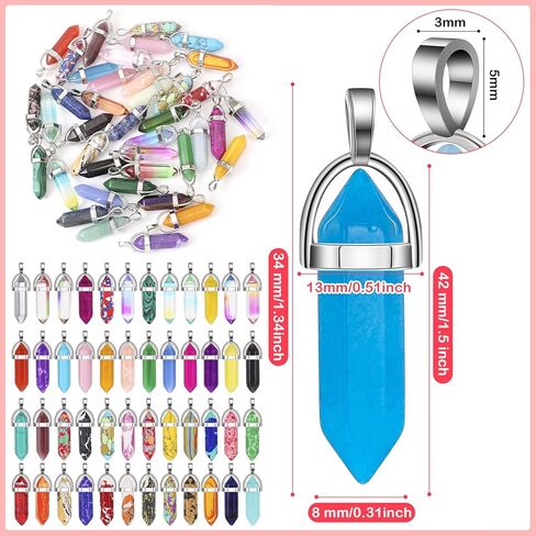 Jexine 130 Pcs Crystal Pendants Bulk Hexagonal Natural Gemstone Pendants Necklace Chakra Quartz Bullet Shape with Storage Bag for DIY Jewelry Making(Vibrant Color) in Kuwait