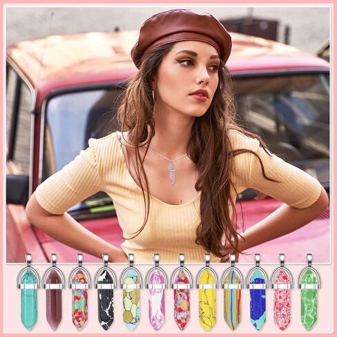 Jexine 130 Pcs Crystal Pendants Bulk Hexagonal Natural Gemstone Pendants Necklace Chakra Quartz Bullet Shape with Storage Bag for DIY Jewelry Making(Vibrant Color) in Kuwait