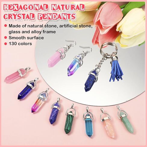 Jexine 130 Pcs Crystal Pendants Bulk Hexagonal Natural Gemstone Pendants Necklace Chakra Quartz Bullet Shape with Storage Bag for DIY Jewelry Making(Vibrant Color) in Kuwait