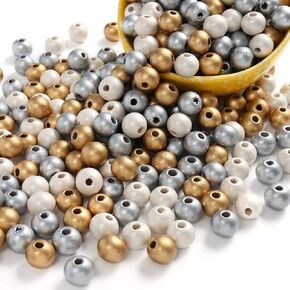 ToBeIT Wooden Beads 300 pcs Gold,Silver,White Three Color Round Wood Beads for DIY Craft, Jewelry Making（12mm）