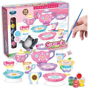 Paint Your Own Ceramic Tea Toys Set for Little Girls,19Pcs Tea Party Pretend Set for Kids,Afternoon Tea Time Playset with Teapots Tea Cups Play Pots Princess Birthday Gifts for 3 4 5 6 Years Old in Kuwait