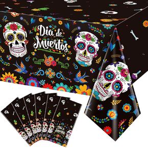 3 Pack Day of The Dead Party Tablecloth Decorations, Dia De Los Muertos Decor, Plastic Mexican Sugar Skull Floral Table Cover Backdrop for Halloween Mexican Fiesta Birthday Party Supplies, 54x108 Inch