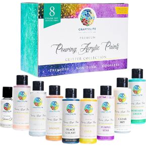 طلاء صب أكريليك من CRAFTYLITE - مجموعة من 8 ألوان - 4 أونصة سائلة. زجاجات (120 مل) - تحتوي على زيت السيليكون 1 أونصة سائلة. (30 مل) - ألوان ميتاليك