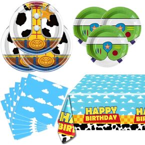 Cartoon Story Party Tableware Set, Blue Sky White Cloud Cow Tablecloth, Toy Theme Birthday Party Tableware Set in Saudi Arabia