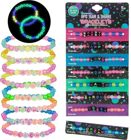Expressions 16pc Tear & Share Bracelets w/ GLOW IN THE DARK Beads - Novelty Message Bracelets To Share With Friends, Colorful Letter Beaded Bracelets, Shareable Party Favor Jewelry For Kids And Teens in Kuwait