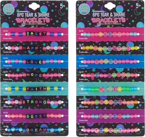 Expressions 16pc Tear & Share Bracelets w/ GLOW IN THE DARK Beads - Novelty Message Bracelets To Share With Friends, Colorful Letter Beaded Bracelets, Shareable Party Favor Jewelry For Kids And Teens in Kuwait