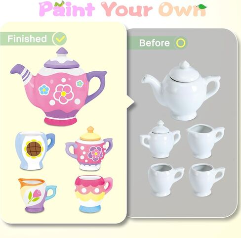 Paint Your Own Ceramic Tea Toys Set for Little Girls,19Pcs Tea Party Pretend Set for Kids,Afternoon Tea Time Playset with Teapots Tea Cups Play Pots Princess Birthday Gifts for 3 4 5 6 Years Old in Kuwait