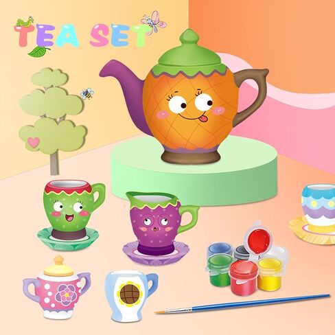Paint Your Own Ceramic Tea Toys Set for Little Girls,19Pcs Tea Party Pretend Set for Kids,Afternoon Tea Time Playset with Teapots Tea Cups Play Pots Princess Birthday Gifts for 3 4 5 6 Years Old in Kuwait