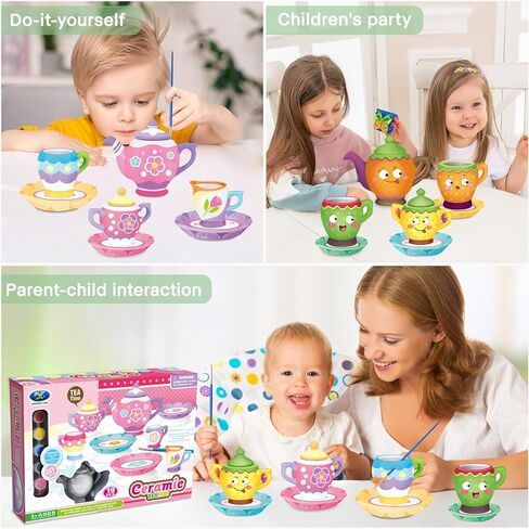 Paint Your Own Ceramic Tea Toys Set for Little Girls,19Pcs Tea Party Pretend Set for Kids,Afternoon Tea Time Playset with Teapots Tea Cups Play Pots Princess Birthday Gifts for 3 4 5 6 Years Old in Kuwait