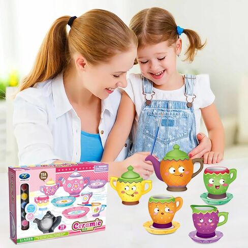 Paint Your Own Ceramic Tea Toys Set for Little Girls,19Pcs Tea Party Pretend Set for Kids,Afternoon Tea Time Playset with Teapots Tea Cups Play Pots Princess Birthday Gifts for 3 4 5 6 Years Old in Kuwait