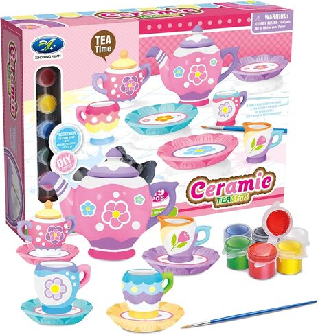 Paint Your Own Ceramic Tea Toys Set for Little Girls,19Pcs Tea Party Pretend Set for Kids,Afternoon Tea Time Playset with Teapots Tea Cups Play Pots Princess Birthday Gifts for 3 4 5 6 Years Old in Kuwait