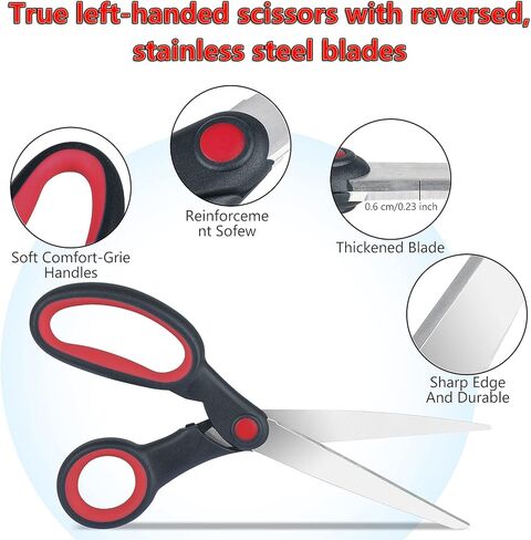 Eleckey Left Handed Scissors for Adults Kids Student All Purpose, 8" Lefty Stainless Steel Scissors for Office Home School Sewing Fabric Craft Supplies, Red/Black (1 Pack) in Kuwait