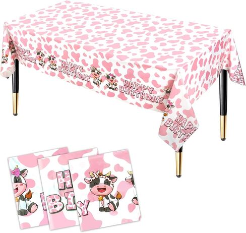 HHHLCWA 3 عبوات مفرش طاولة مطبوع عليها بقرة وردية، غطاء طاولة بلاستيكي وردي لزينة حفلات أعياد الميلاد للأطفال تحت عنوان بقرة لمستلزمات أعياد الميلاد 220 × 131 سم in Kuwait