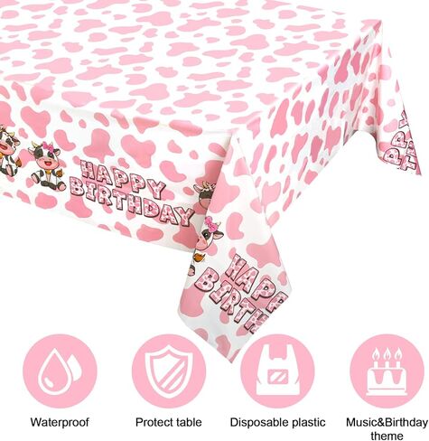 HHHLCWA 3 عبوات مفرش طاولة مطبوع عليها بقرة وردية، غطاء طاولة بلاستيكي وردي لزينة حفلات أعياد الميلاد للأطفال تحت عنوان بقرة لمستلزمات أعياد الميلاد 220 × 131 سم in Kuwait