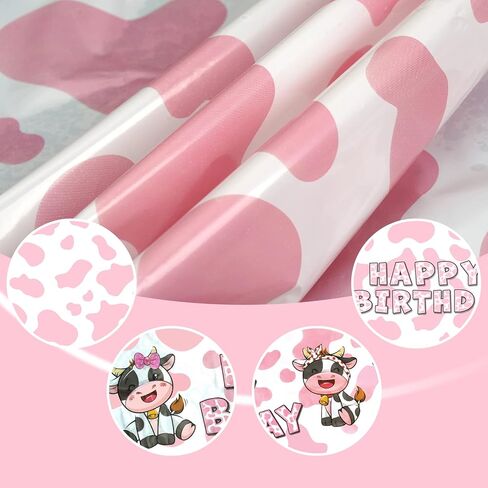 HHHLCWA 3 عبوات مفرش طاولة مطبوع عليها بقرة وردية، غطاء طاولة بلاستيكي وردي لزينة حفلات أعياد الميلاد للأطفال تحت عنوان بقرة لمستلزمات أعياد الميلاد 220 × 131 سم in Kuwait