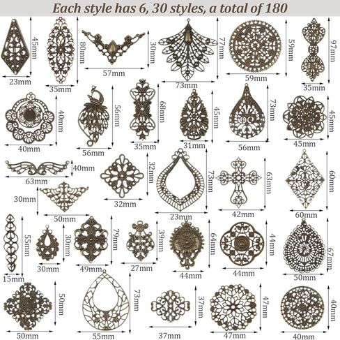 180 قطعة من دلايات الموصلات المخرمة من الحديد البرونزي العتيق، دلايات معدنية تبتية لصنع القلائد والمجوهرات بنفسك (30 نمط) in Kuwait