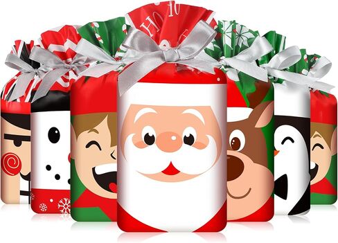 Funrous 60 Pieces Christmas Drawstring Gift Bags Bulk Plastic Xmas Goodies Candy Bags with Pull String for Winter Holiday Merry Christmas Birthday Party Favor Snack Treat Wrapping Supplies, 6 Styles in Saudi Arabia
