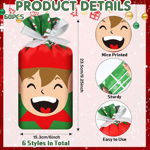 Funrous 60 Pieces Christmas Drawstring Gift Bags Bulk Plastic Xmas Goodies Candy Bags with Pull String for Winter Holiday Merry Christmas Birthday Party Favor Snack Treat Wrapping Supplies, 6 Styles in Saudi Arabia