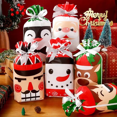 Funrous 60 Pieces Christmas Drawstring Gift Bags Bulk Plastic Xmas Goodies Candy Bags with Pull String for Winter Holiday Merry Christmas Birthday Party Favor Snack Treat Wrapping Supplies, 6 Styles in Saudi Arabia