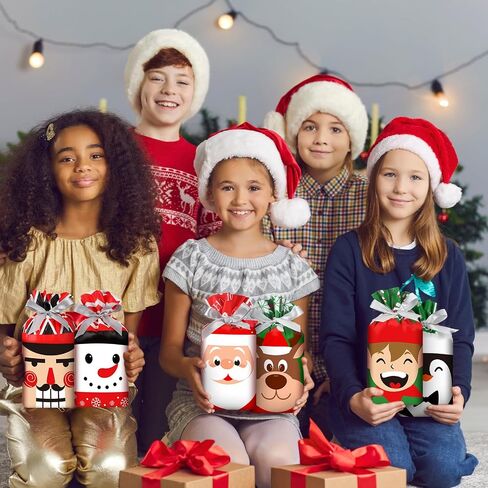 Funrous 60 Pieces Christmas Drawstring Gift Bags Bulk Plastic Xmas Goodies Candy Bags with Pull String for Winter Holiday Merry Christmas Birthday Party Favor Snack Treat Wrapping Supplies, 6 Styles in Saudi Arabia