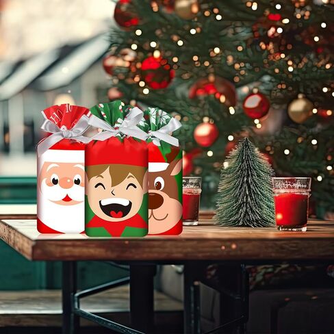 Funrous 60 Pieces Christmas Drawstring Gift Bags Bulk Plastic Xmas Goodies Candy Bags with Pull String for Winter Holiday Merry Christmas Birthday Party Favor Snack Treat Wrapping Supplies, 6 Styles in Saudi Arabia