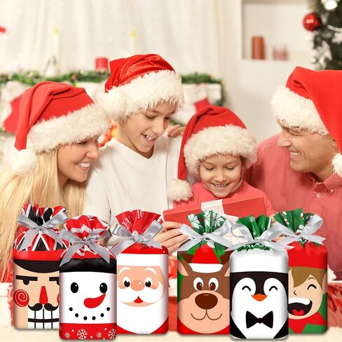 Funrous 60 Pieces Christmas Drawstring Gift Bags Bulk Plastic Xmas Goodies Candy Bags with Pull String for Winter Holiday Merry Christmas Birthday Party Favor Snack Treat Wrapping Supplies, 6 Styles in Saudi Arabia