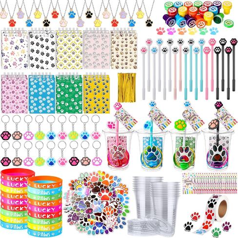 Syhood 206 Pcs Dog Party Favors Dog Paw Party Favors Set Includes Gift Cup Mini Book Pen Bracelet Keychain Stamp Sticker Chain Pendant Thank You Tag Dog Birthday Party Supplies for Puppy Kid Girl Gift in Saudi Arabia