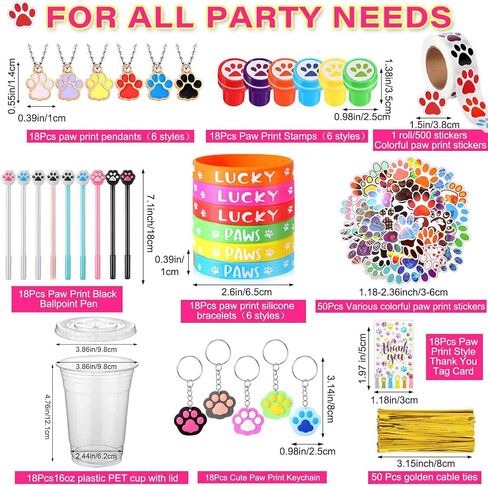 Syhood 206 Pcs Dog Party Favors Dog Paw Party Favors Set Includes Gift Cup Mini Book Pen Bracelet Keychain Stamp Sticker Chain Pendant Thank You Tag Dog Birthday Party Supplies for Puppy Kid Girl Gift in Saudi Arabia