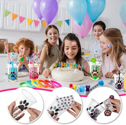 Syhood 206 Pcs Dog Party Favors Dog Paw Party Favors Set Includes Gift Cup Mini Book Pen Bracelet Keychain Stamp Sticker Chain Pendant Thank You Tag Dog Birthday Party Supplies for Puppy Kid Girl Gift in Saudi Arabia
