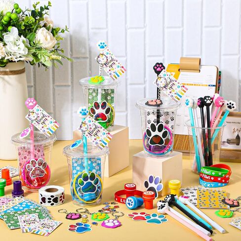 Syhood 206 Pcs Dog Party Favors Dog Paw Party Favors Set Includes Gift Cup Mini Book Pen Bracelet Keychain Stamp Sticker Chain Pendant Thank You Tag Dog Birthday Party Supplies for Puppy Kid Girl Gift in Saudi Arabia