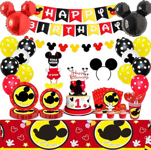 لوازم حفلات اعياد الميلاد بتصميم ميكي ماوس - 131 قطعة من ديكورات عيد الميلاد وادوات المائدة، اطباق حفلات ميكي ماوس ومناديل ولافتة وبالونات وغيرها بنمط ميكي ماوس، ديكورات حفلات عيد الميلاد الاول in Kuwait