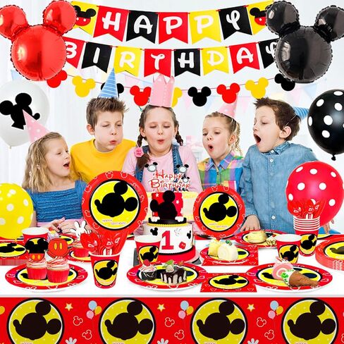 لوازم حفلات اعياد الميلاد بتصميم ميكي ماوس - 131 قطعة من ديكورات عيد الميلاد وادوات المائدة، اطباق حفلات ميكي ماوس ومناديل ولافتة وبالونات وغيرها بنمط ميكي ماوس، ديكورات حفلات عيد الميلاد الاول in Kuwait