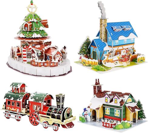 Whaline 3D Puzzles Christmas Cute Jigsaw Paper Model Winter Simple Puzzle Paper and EPS Foam Board Toys for Girls Boys, Santa Xmas Tree Cottage Train Creative DIY Model Building kit for Kids Adaults in Saudi Arabia