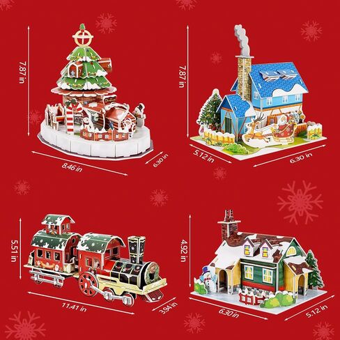 Whaline 3D Puzzles Christmas Cute Jigsaw Paper Model Winter Simple Puzzle Paper and EPS Foam Board Toys for Girls Boys, Santa Xmas Tree Cottage Train Creative DIY Model Building kit for Kids Adaults in Saudi Arabia