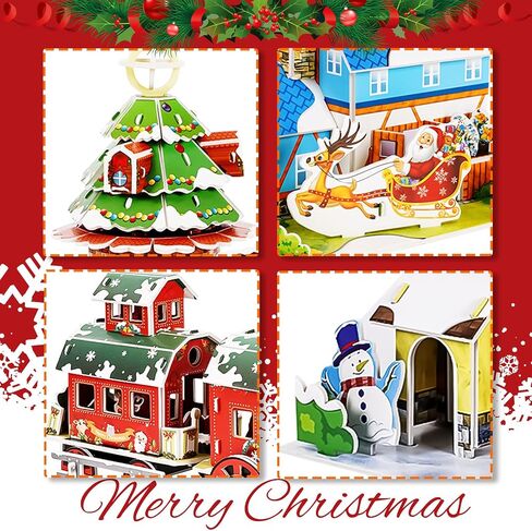 Whaline 3D Puzzles Christmas Cute Jigsaw Paper Model Winter Simple Puzzle Paper and EPS Foam Board Toys for Girls Boys, Santa Xmas Tree Cottage Train Creative DIY Model Building kit for Kids Adaults in Saudi Arabia