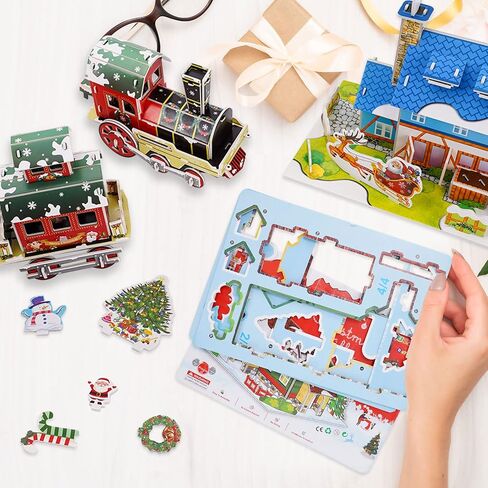 Whaline 3D Puzzles Christmas Cute Jigsaw Paper Model Winter Simple Puzzle Paper and EPS Foam Board Toys for Girls Boys, Santa Xmas Tree Cottage Train Creative DIY Model Building kit for Kids Adaults in Saudi Arabia