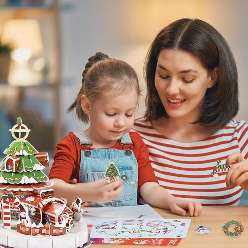 Whaline 3D Puzzles Christmas Cute Jigsaw Paper Model Winter Simple Puzzle Paper and EPS Foam Board Toys for Girls Boys, Santa Xmas Tree Cottage Train Creative DIY Model Building kit for Kids Adaults in Saudi Arabia