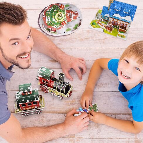 Whaline 3D Puzzles Christmas Cute Jigsaw Paper Model Winter Simple Puzzle Paper and EPS Foam Board Toys for Girls Boys, Santa Xmas Tree Cottage Train Creative DIY Model Building kit for Kids Adaults in Saudi Arabia