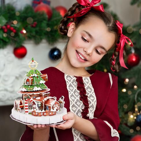 Whaline 3D Puzzles Christmas Cute Jigsaw Paper Model Winter Simple Puzzle Paper and EPS Foam Board Toys for Girls Boys, Santa Xmas Tree Cottage Train Creative DIY Model Building kit for Kids Adaults in Saudi Arabia